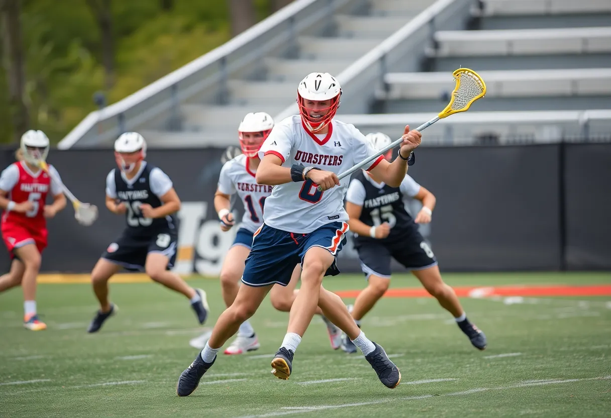 Defensive lacrosse player in game action