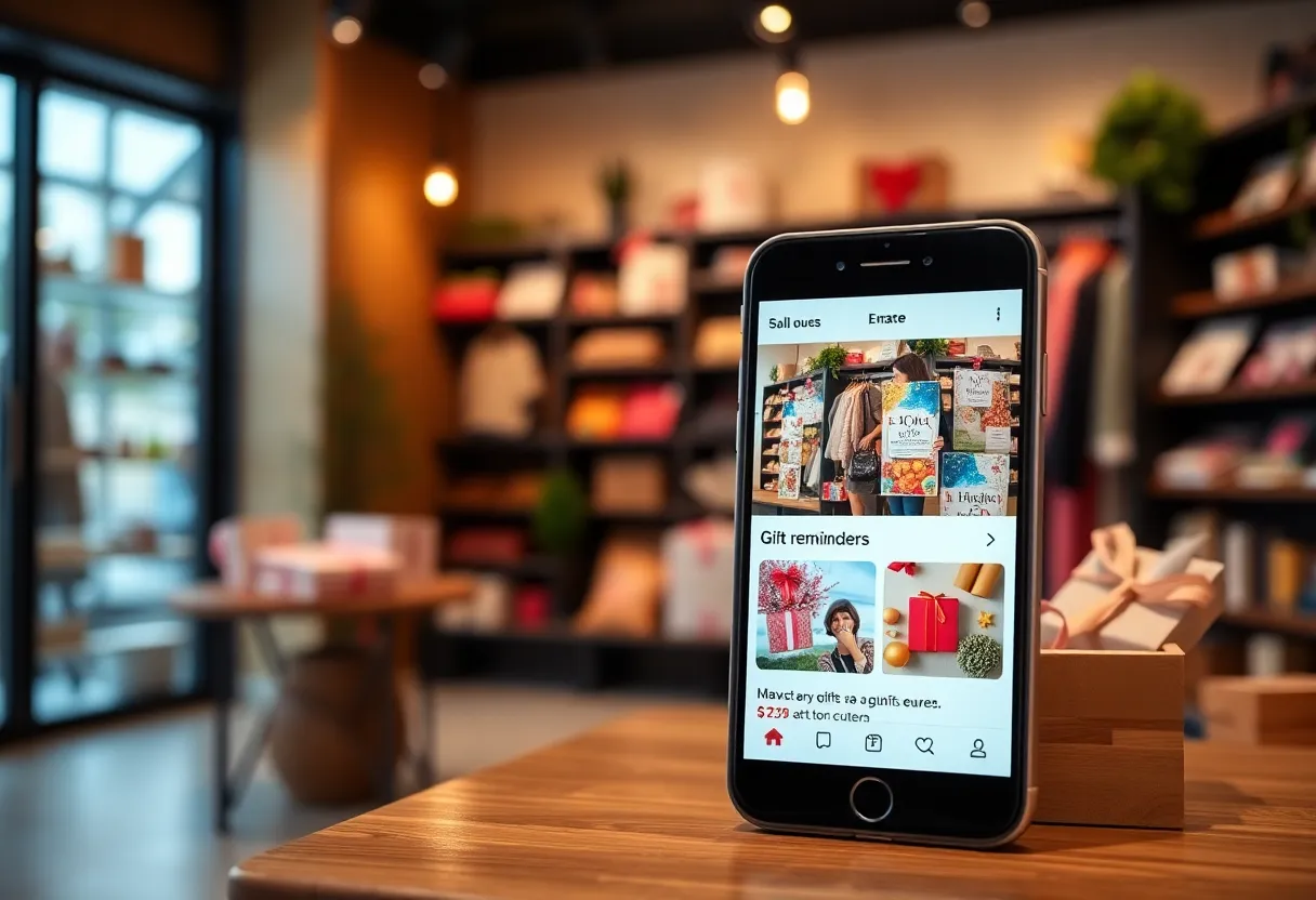 Screenshot of the GiftPoke app showing gift options and reminders.