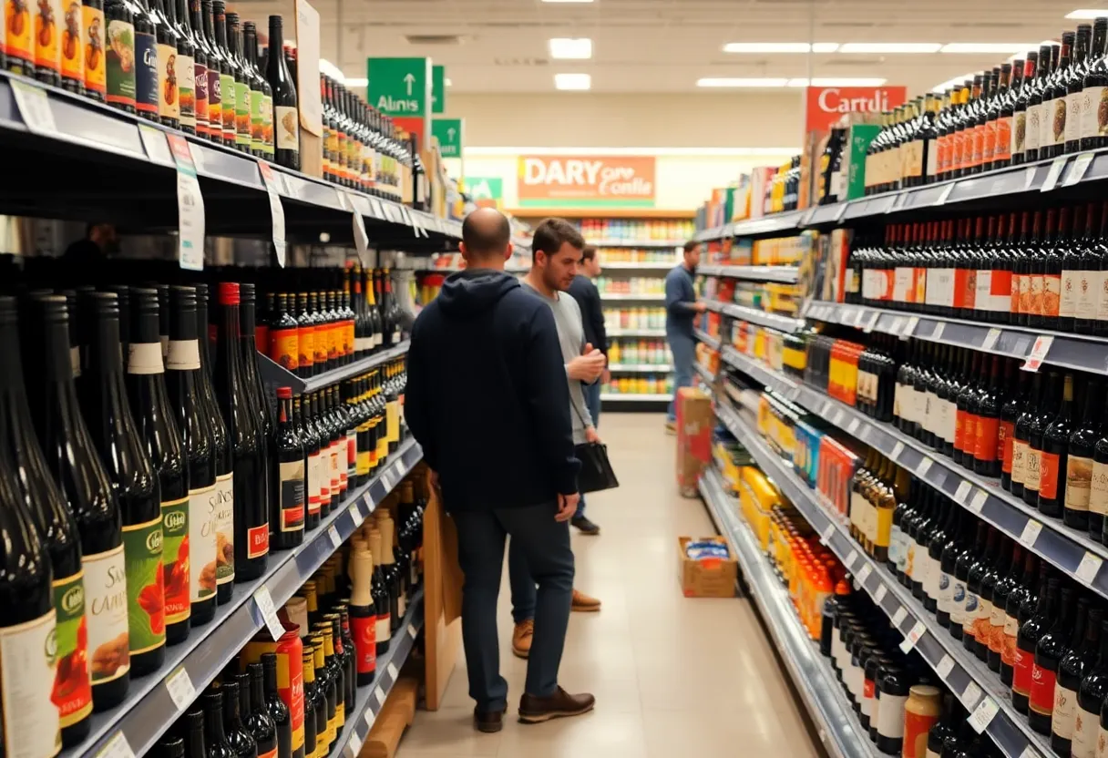 A grocery store aisle filled with beer and wine selections.