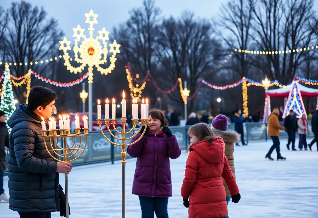 Families celebrating Hanukkah in Howard County with menorah lighting and festive activities.
