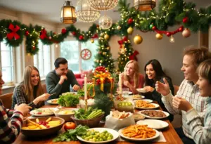 Family gathering with healthy holiday food spread