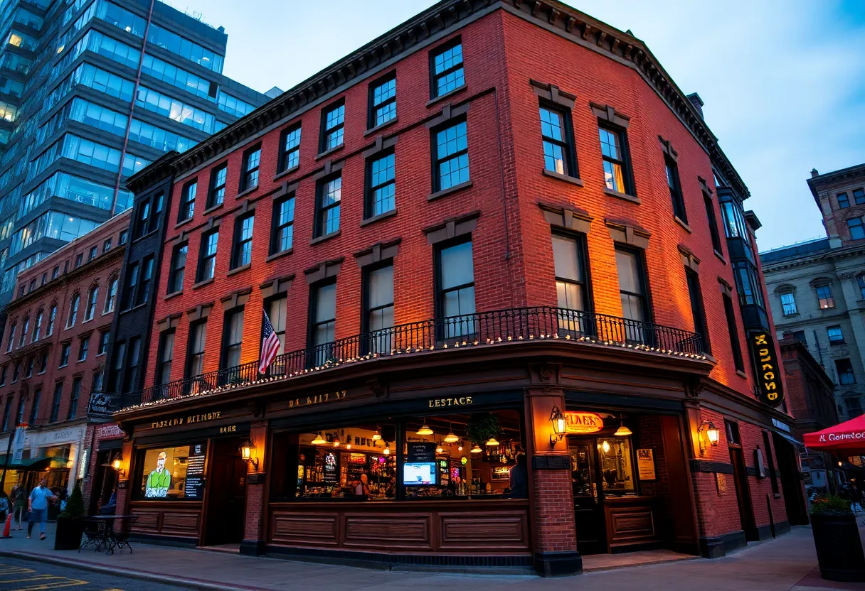 Exterior view of the historic Federal Hill building with bars in Baltimore