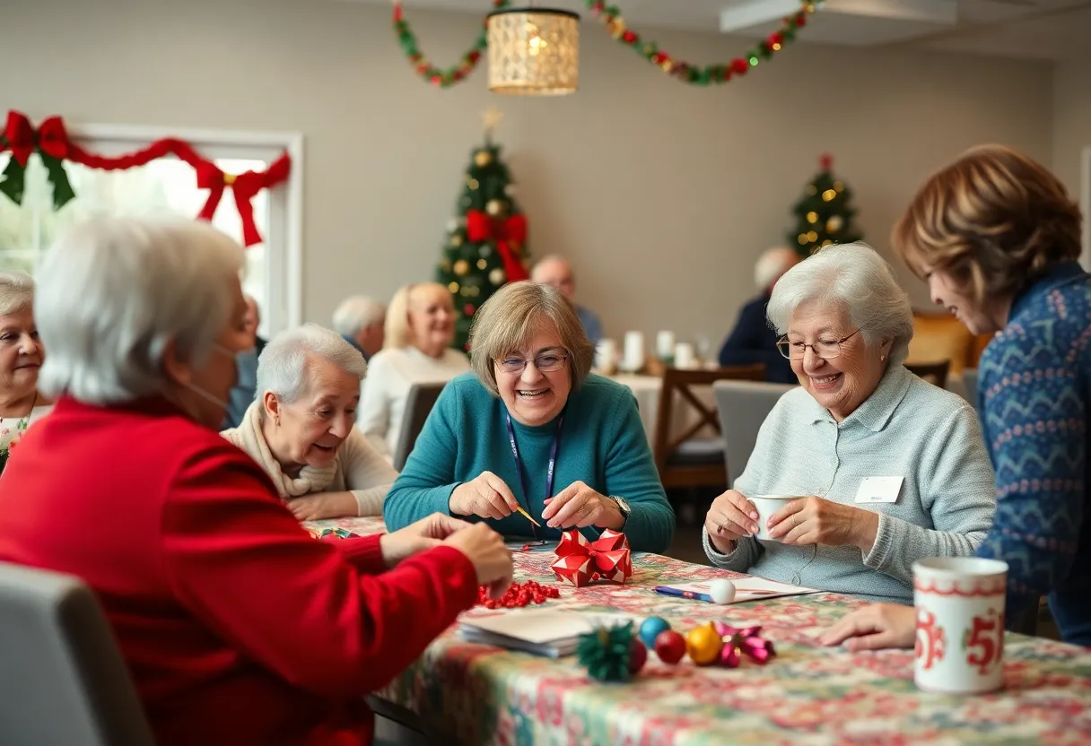 Seniors participating in holiday craft activities with caregivers.