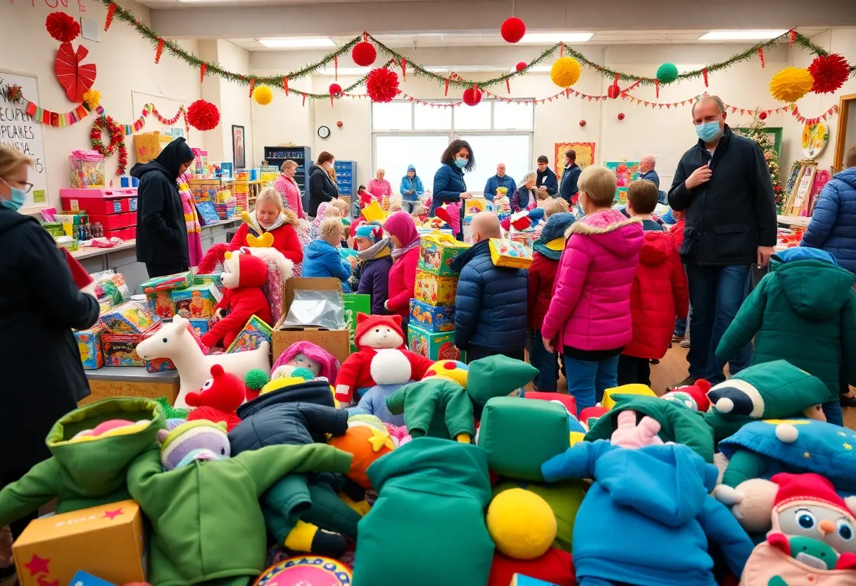 Families selecting toys at the Holiday Toy Shop