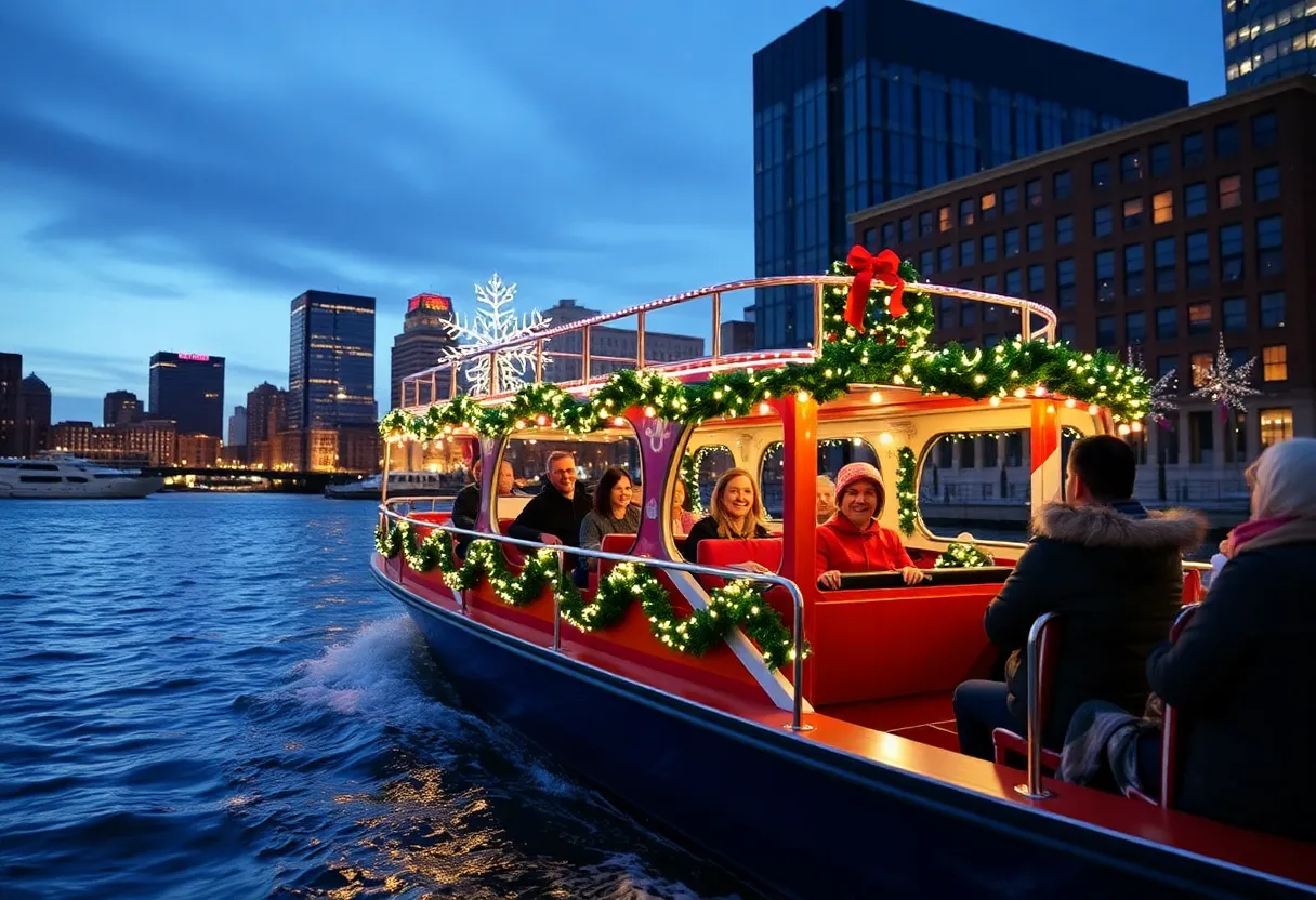 Families enjoying a festive holiday cruise on Baltimore's waterfront.