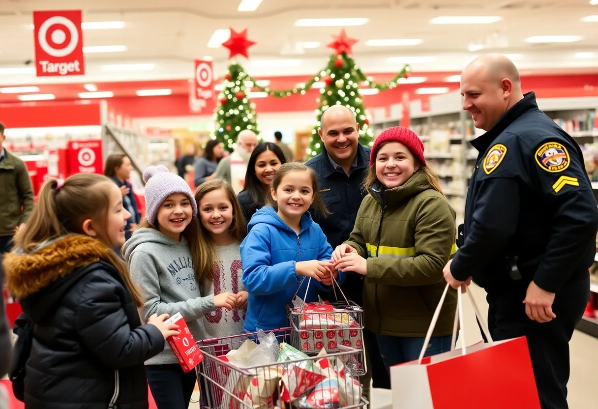 Students shopping with first responders during the holiday event