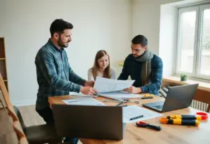 Family discussing home construction budget