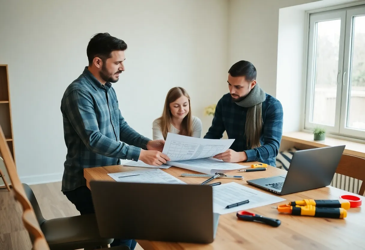 Family discussing home construction budget