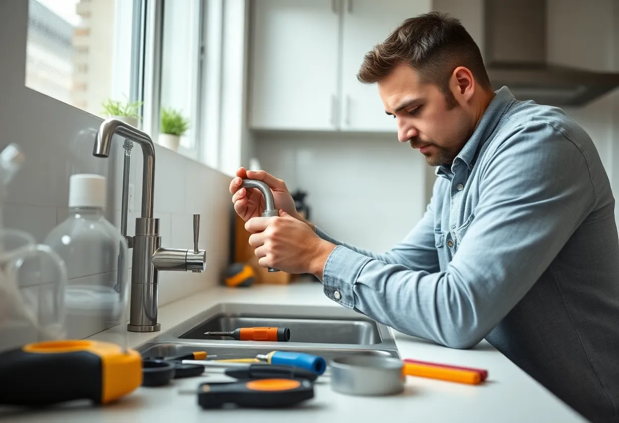 A homeowner repairing a leaky faucet in the kitchen.