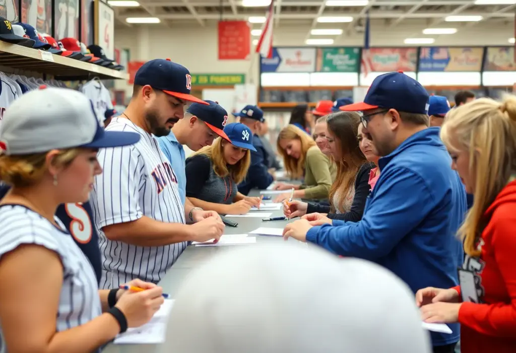 Fans enjoying a meet and greet at a baseball store featuring player interactions.