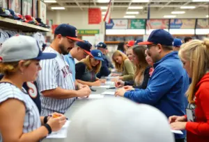 Fans enjoying a meet and greet at a baseball store featuring player interactions.