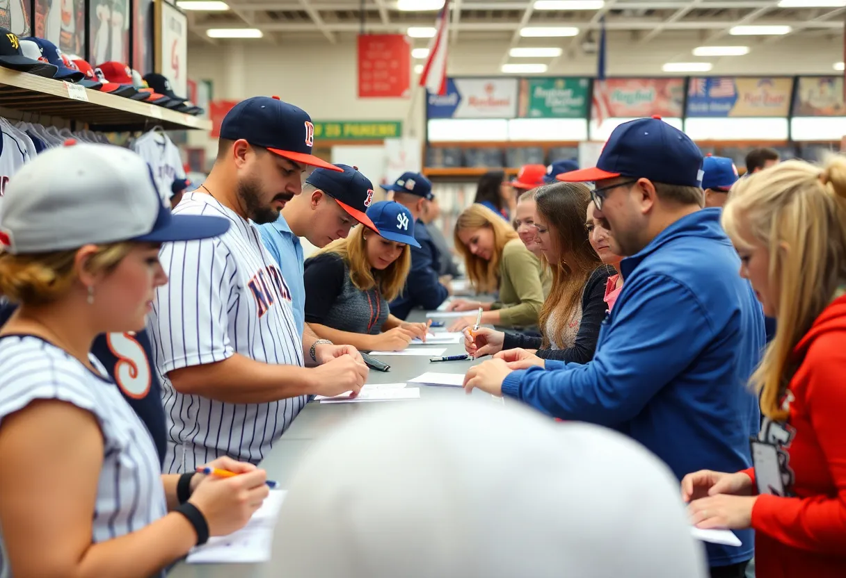 Fans enjoying a meet and greet at a baseball store featuring player interactions.