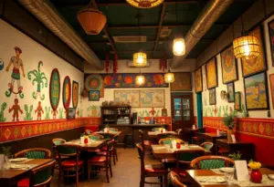 Interior view of Jano Ethiopian Restaurant with traditional Ethiopian decor and dining setup.