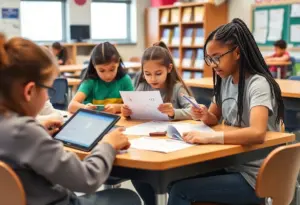 Students using the new Kiddom IM v.360 Maryland Mathematics curriculum in a classroom.