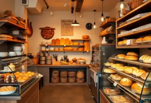 Interior view of Kneads Bakeshop with pastries and bread displays