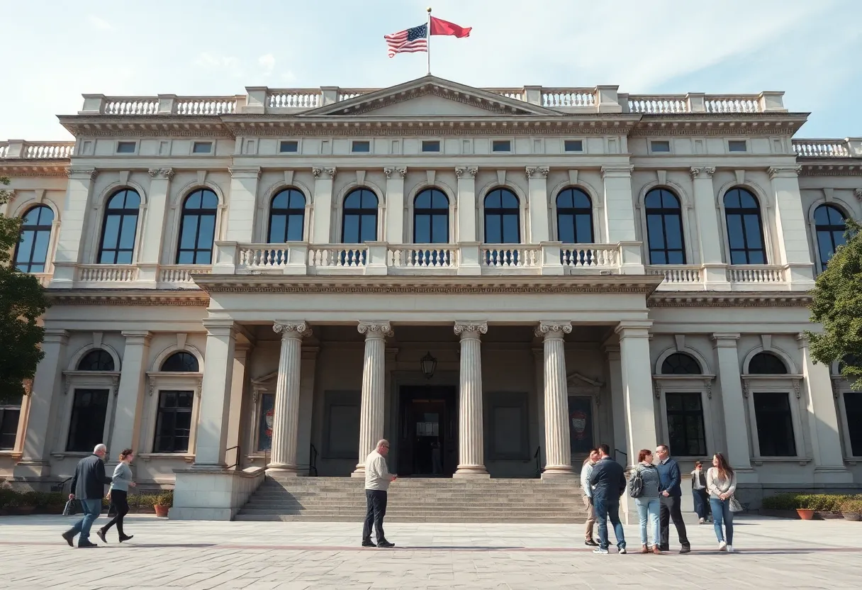 Legislative building with people discussing voter laws