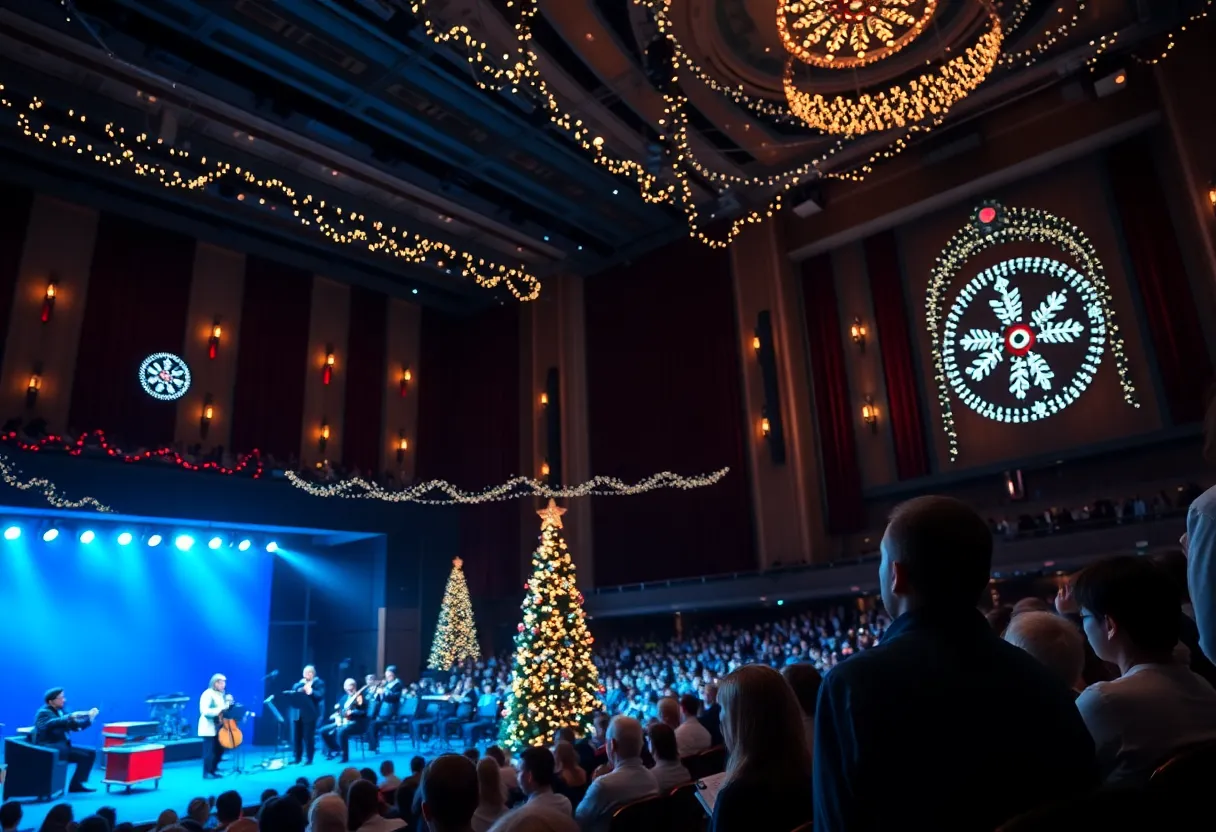 A festive concert atmosphere at the Joseph Meyerhoff Symphony Hall during a holiday performance.