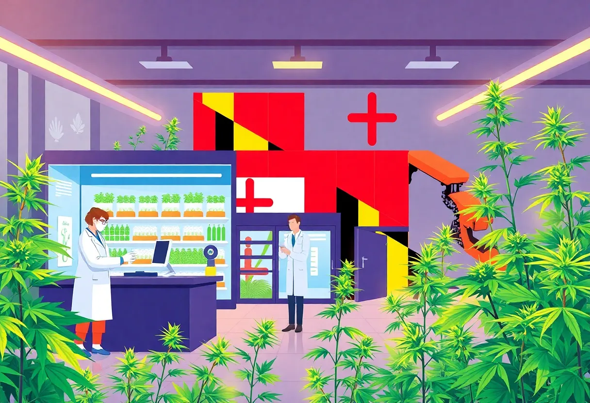 Illustration of Maryland cannabis industry featuring a dispensary and researchers.