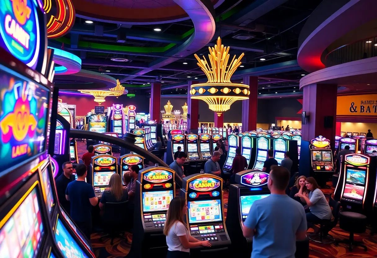 A lively casino scene in Maryland with players at slot machines and table games.