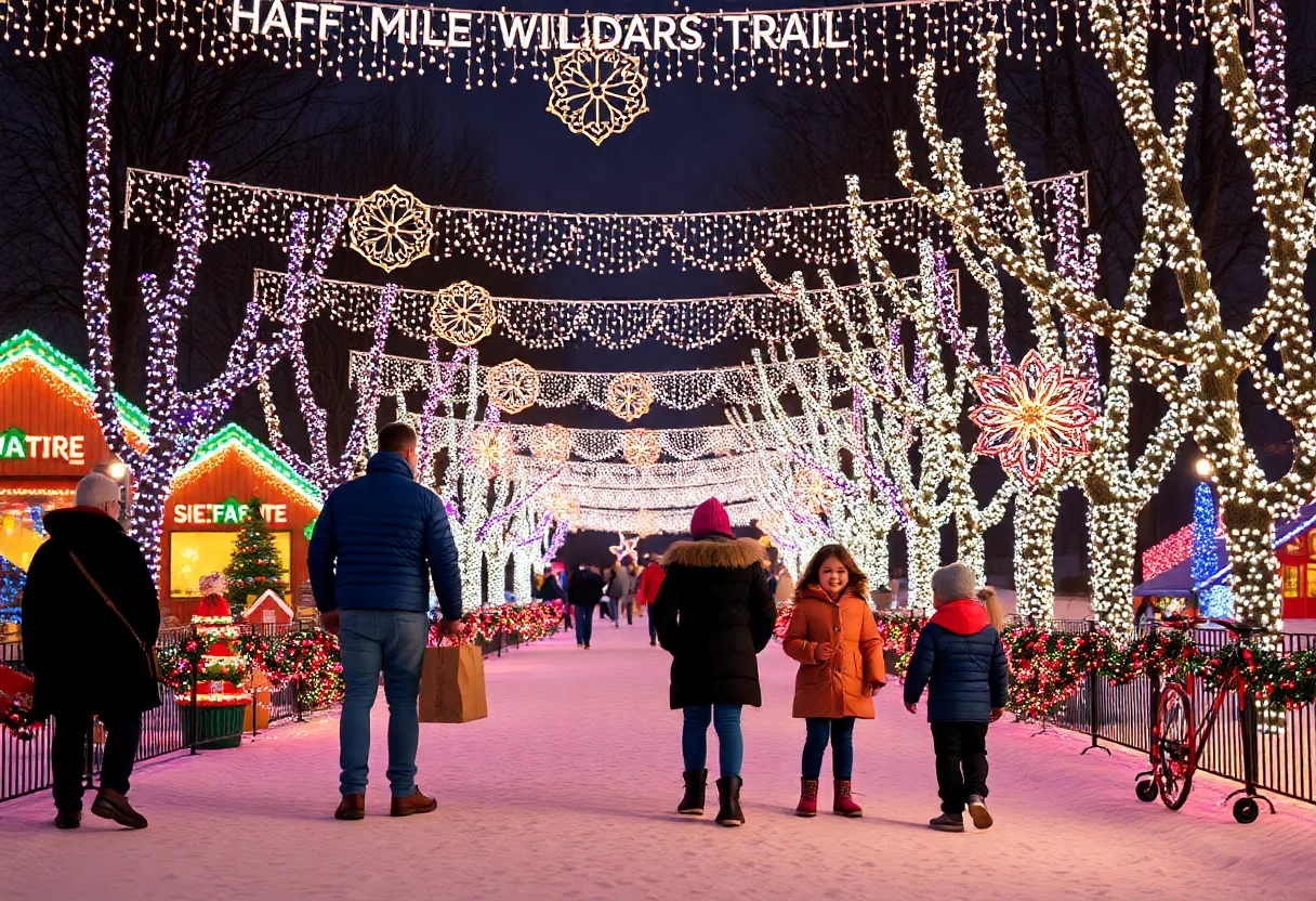 Families enjoying the Maryland Holiday Light Spectacular at night with bright lights and holiday decorations.