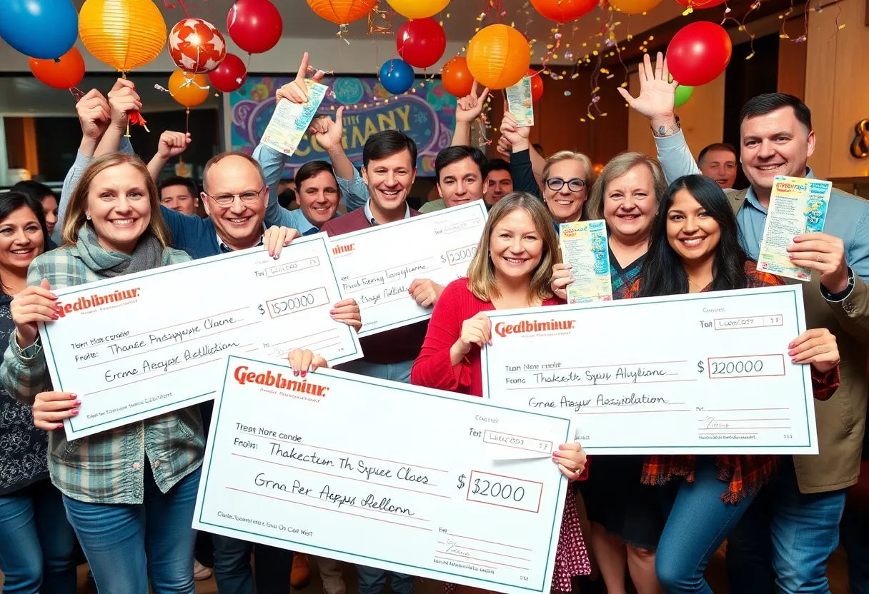 Celebration of Maryland Lottery winners with tickets and checks