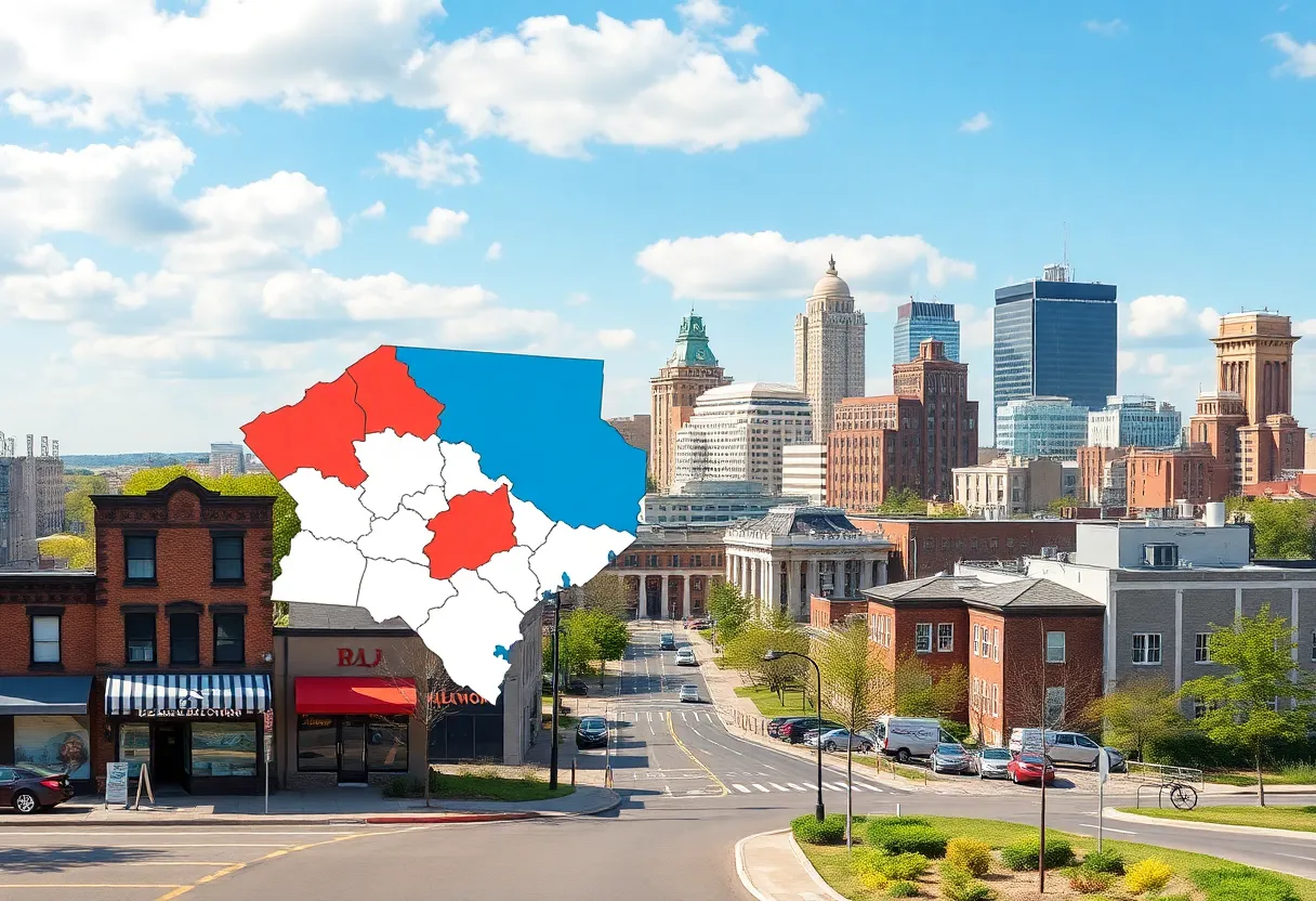 Artistic representation of Maryland's political landscape with focus on redistricting and local businesses in Baltimore.