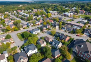 Aerial view of a Maryland neighborhood and commercial area