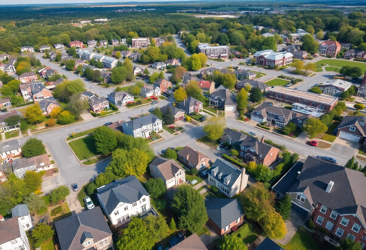 Aerial view of a Maryland neighborhood and commercial area