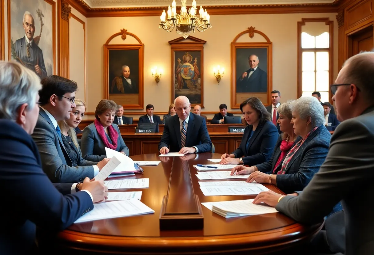 Legislators discussing the Maryland Reparations Commission in a formal setting.