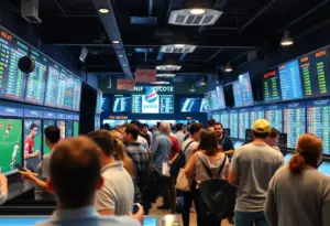 A vibrant Maryland sports wagering venue packed with enthusiastic bettors.