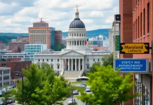A view of the Maryland state capital building surrounded by local businesses.