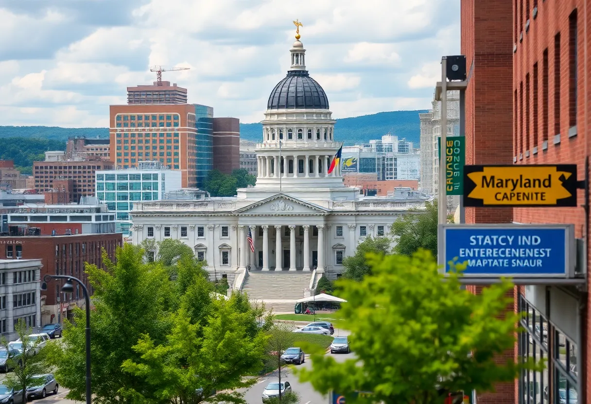 A view of the Maryland state capital building surrounded by local businesses.