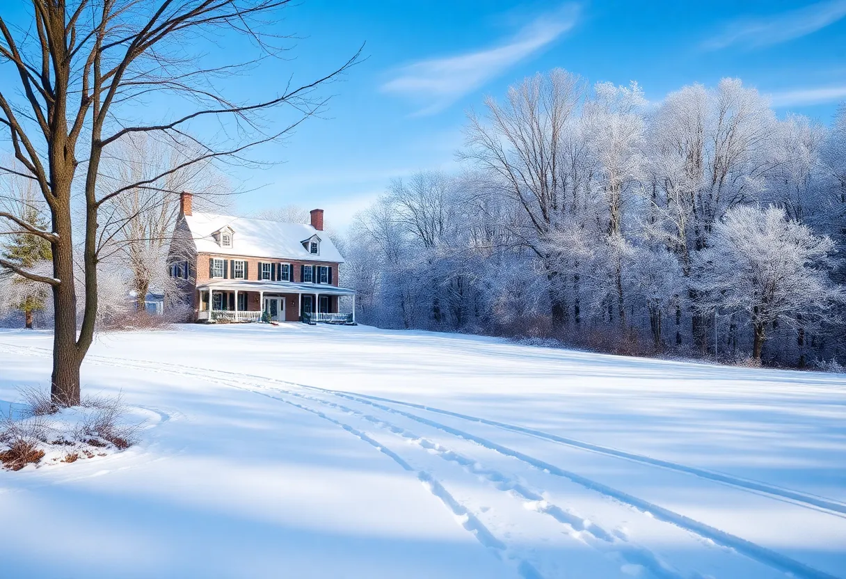A picturesque winter scene in Maryland with snow-covered trees and a quaint farmhouse.