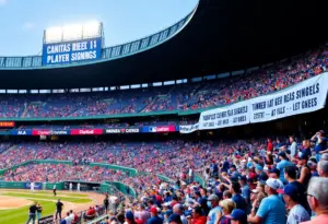 A packed baseball stadium with fans celebrating MLB free agent signings.