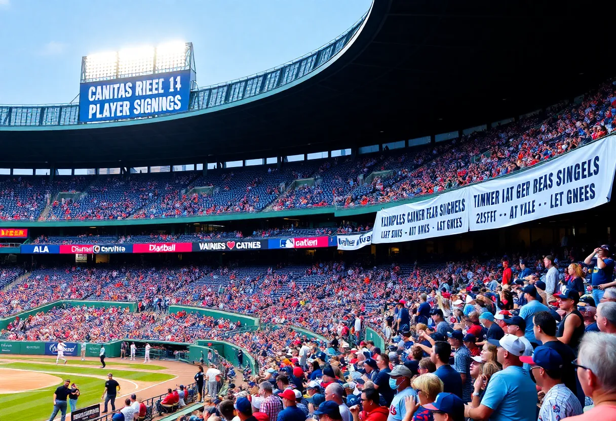 A packed baseball stadium with fans celebrating MLB free agent signings.