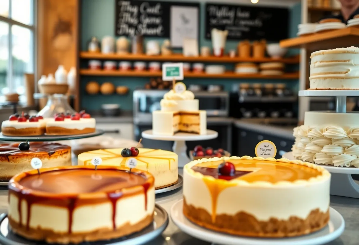 Assorted baked goods from Mrs. Posé Bakery, including cheesecakes and gourmet cakes.