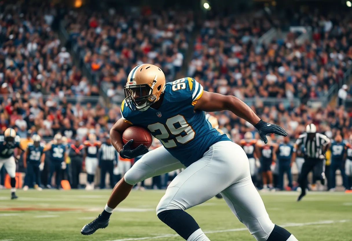 Defensive end making a tackle during an intense NFL game.