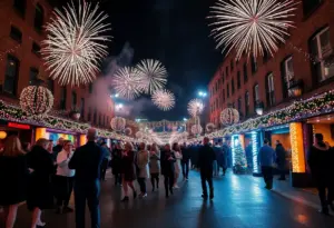 Crowd enjoying New Year's Eve festivities in Baltimore with fireworks in the background
