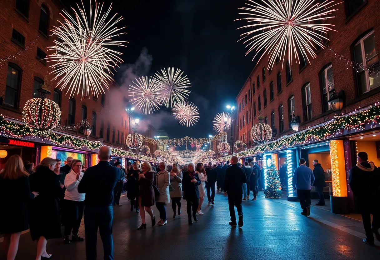 Crowd enjoying New Year's Eve festivities in Baltimore with fireworks in the background