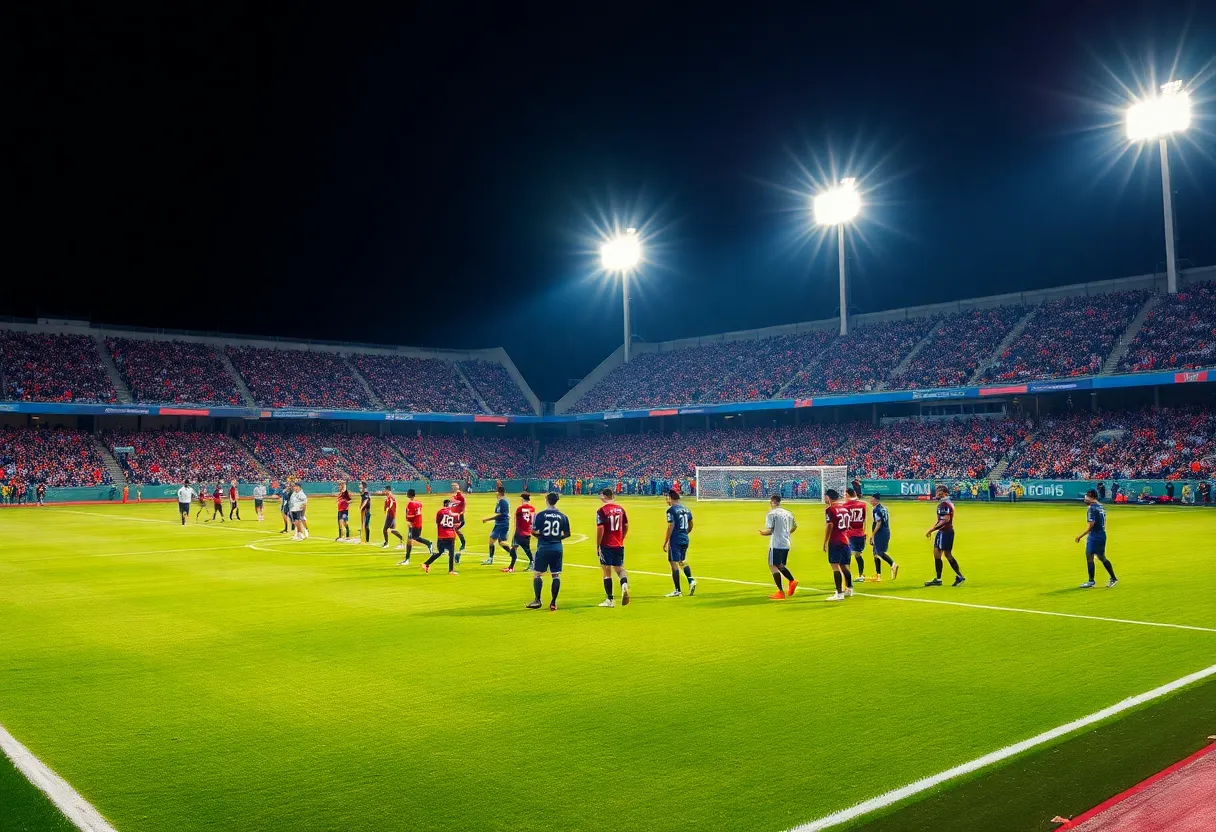Vibrant night scene of an NFL game with teams warming up.