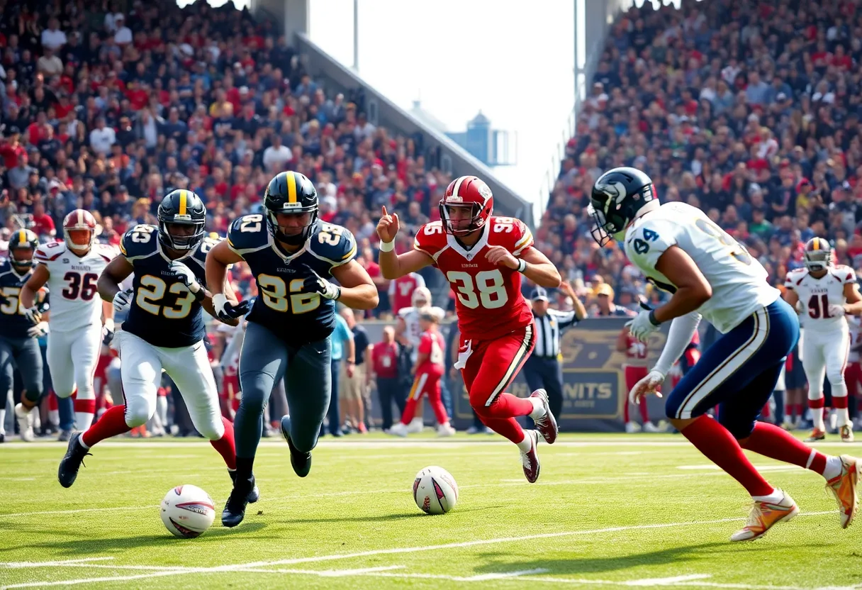 Football players from two teams competing intensely on the field.