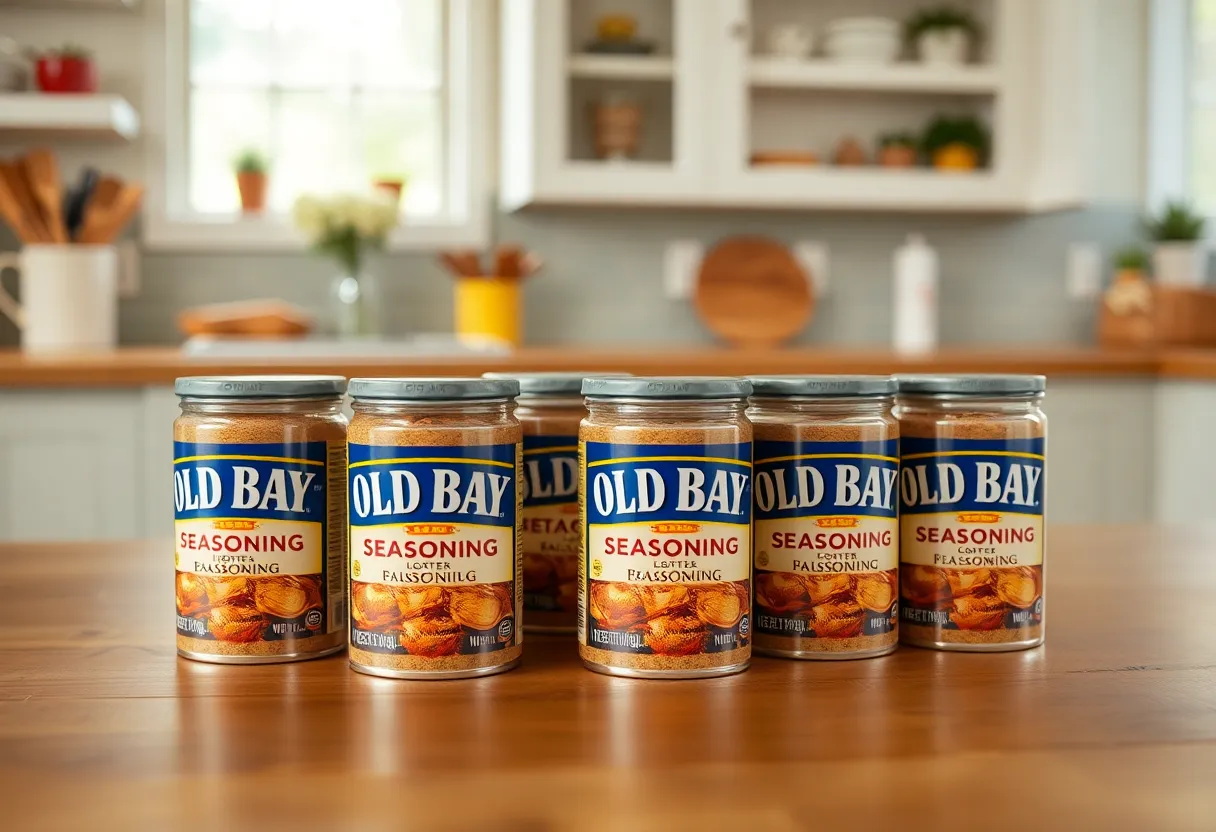 Old Bay Seasoning tins on a kitchen table