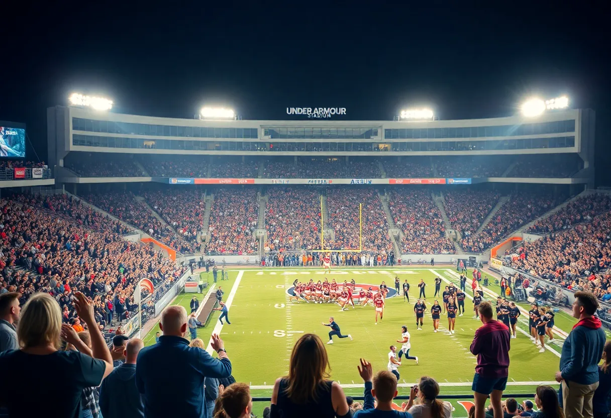 Football players and fans at the Overtime Nationals High School Football Championship at Under Armour Stadium