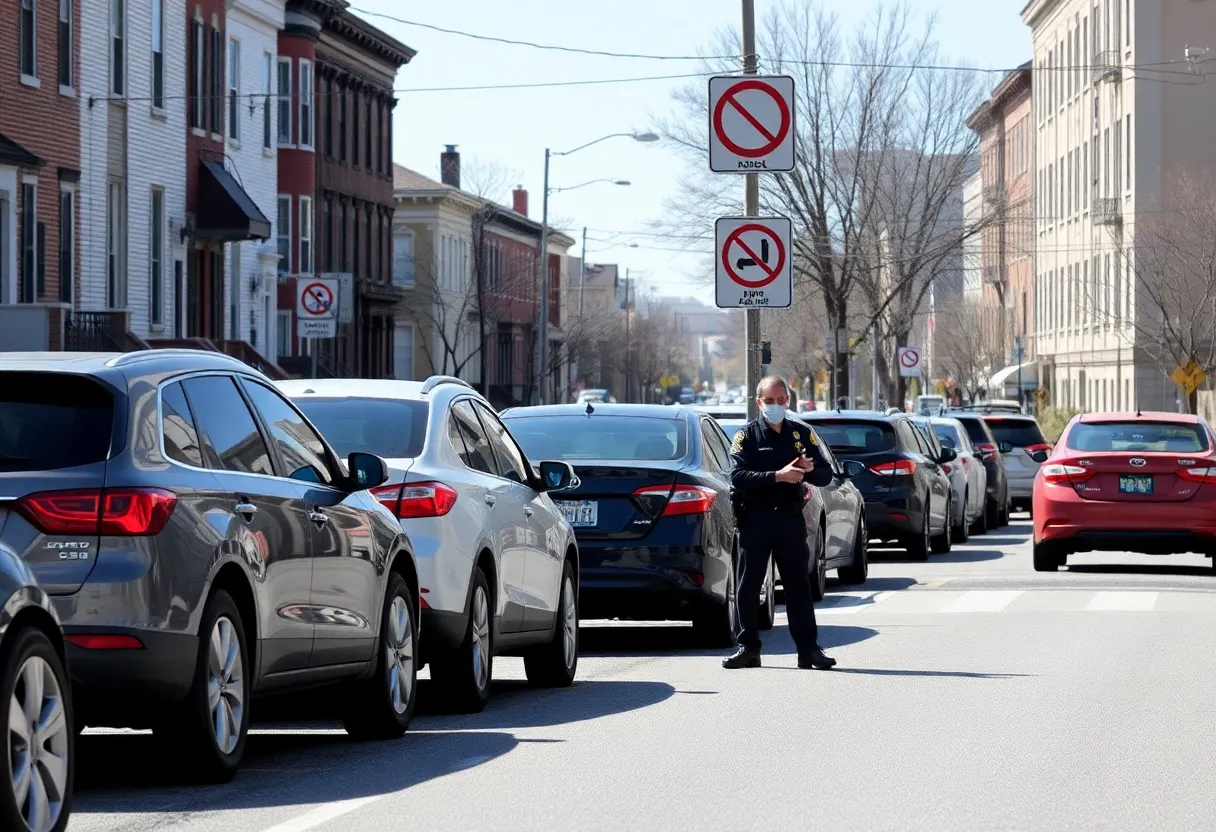 Street in Baltimore with parked cars and parking enforcement officer