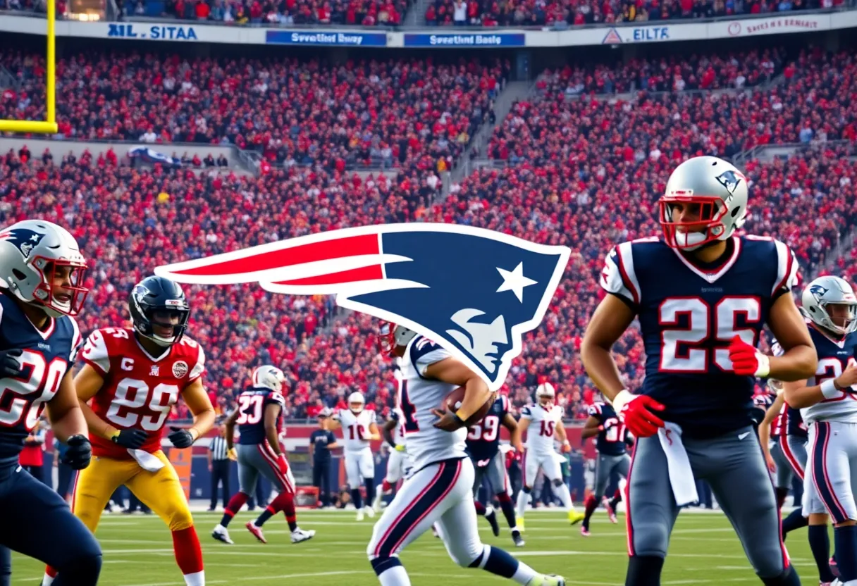 New England Patriots players celebrating during a game with fans in the background