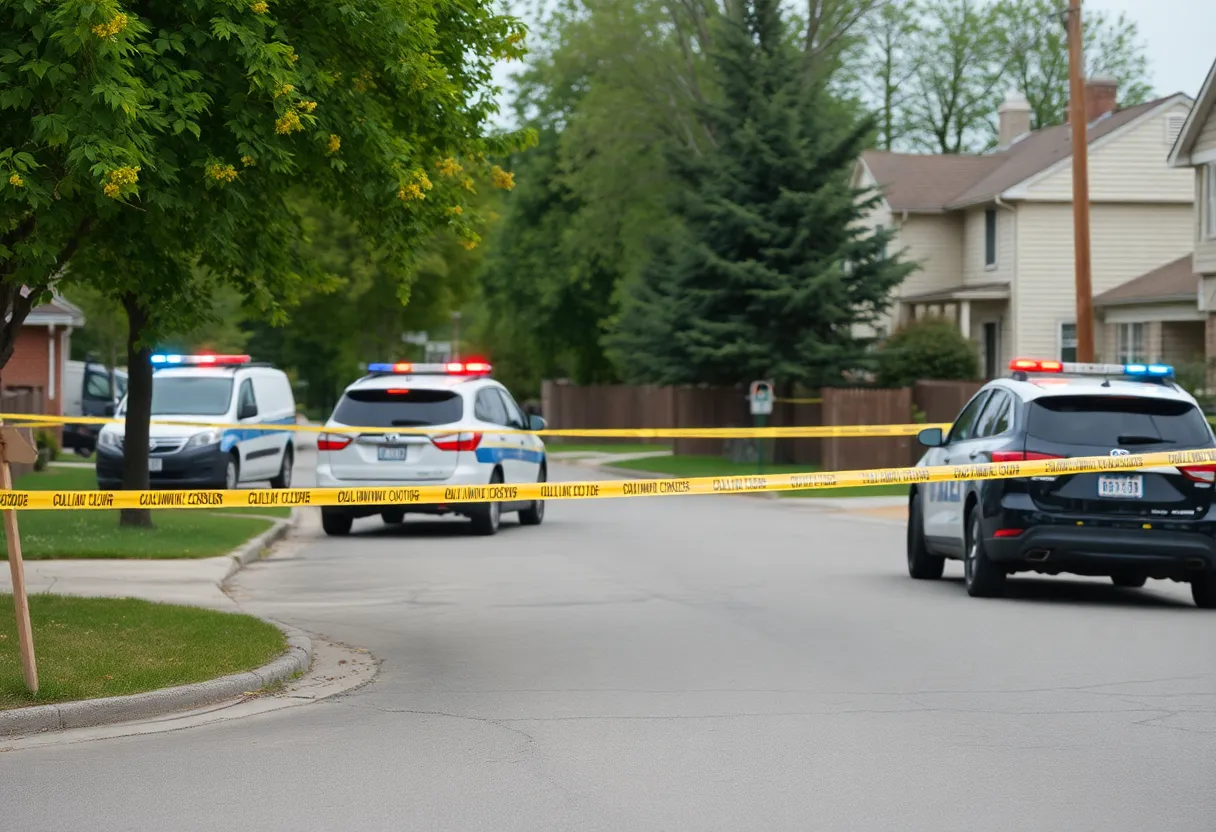 Police vehicles and caution tape at a suburban crime scene
