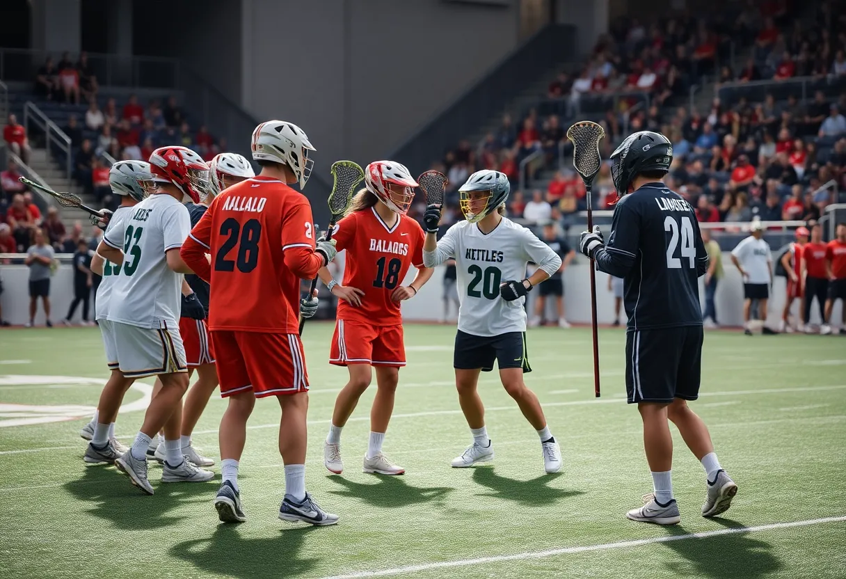 Lacrosse teams in action during player movement discussions