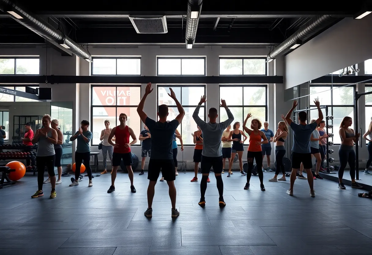 Interior of Pvolve fitness studio with diverse individuals exercising