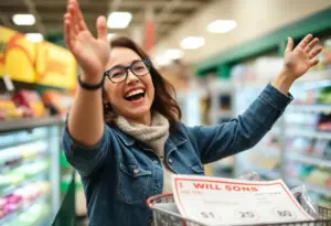 Woman celebrating her lottery win at the grocery store