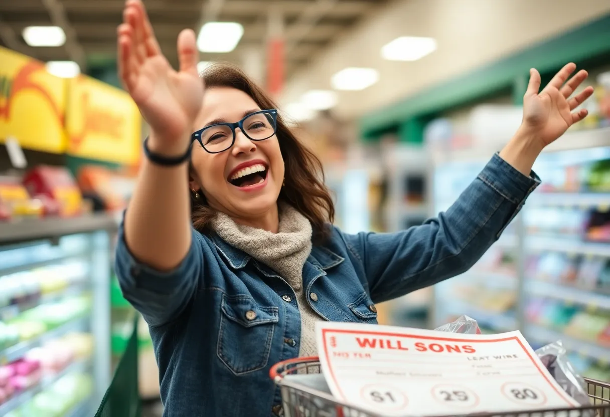 Woman celebrating her lottery win at the grocery store